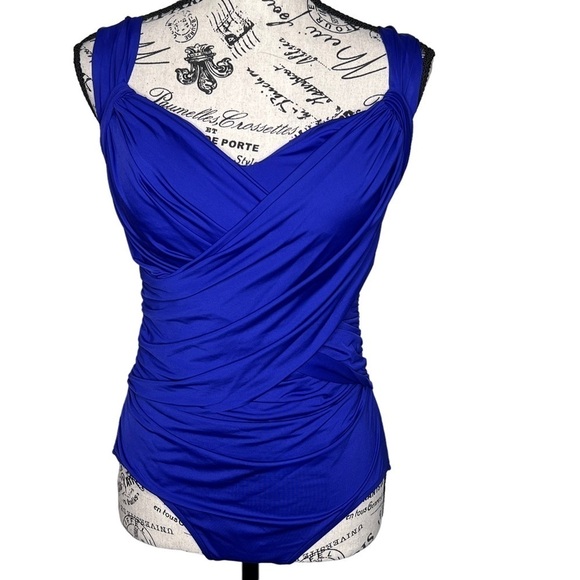 Badgley Mischka Wide Strap Draped Front One-Piece Swimsuit Cobalt Blue Small - Picture 2 of 15